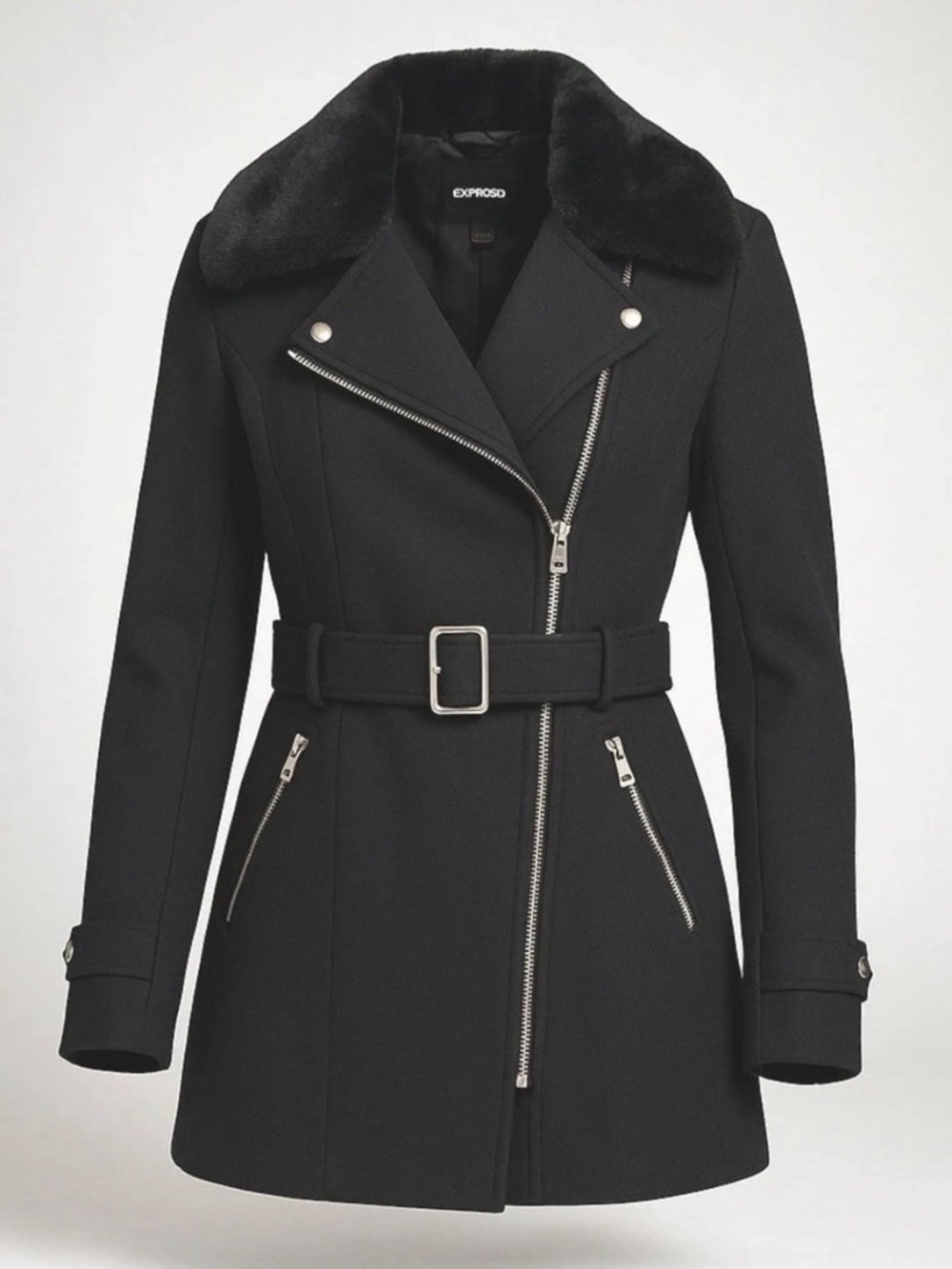 H&M Black Faux Fur Collar Coat Double Breasted Tailored Winter Coat Size XSP